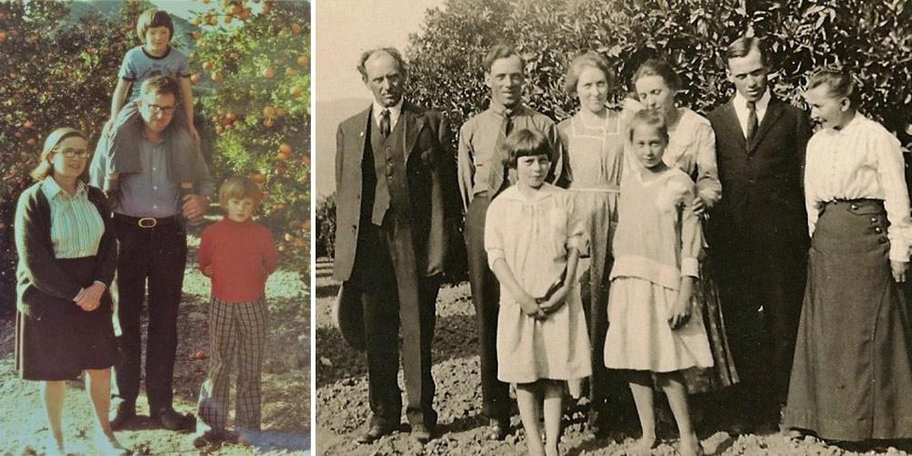 Our family in the 1970's & 1910. William and Annie Friend and their 6 children; born and lived their lives in the Ojai valley.  Elmer Friend (second from right) worked his entire life in citrus and incorporated Friend’s Ranches Inc. in the 1960s.